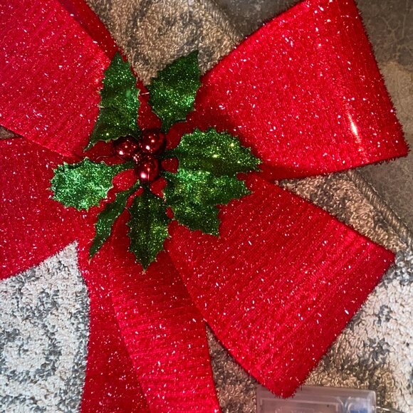 Light-Up Red & Green Holly LED Fabric & Plastic Bow Decoration, 14in x 21in - Picture 3 of 5